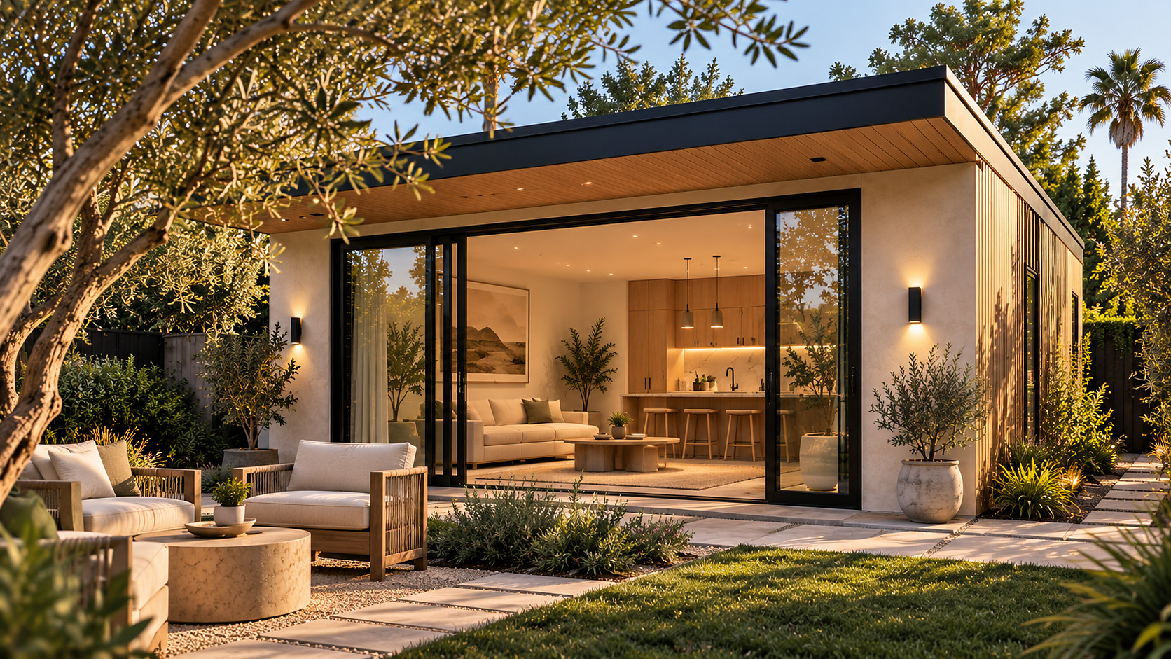 Backyard ADU with a deep wood soffit, wide glass doors and an olive tree at sunset