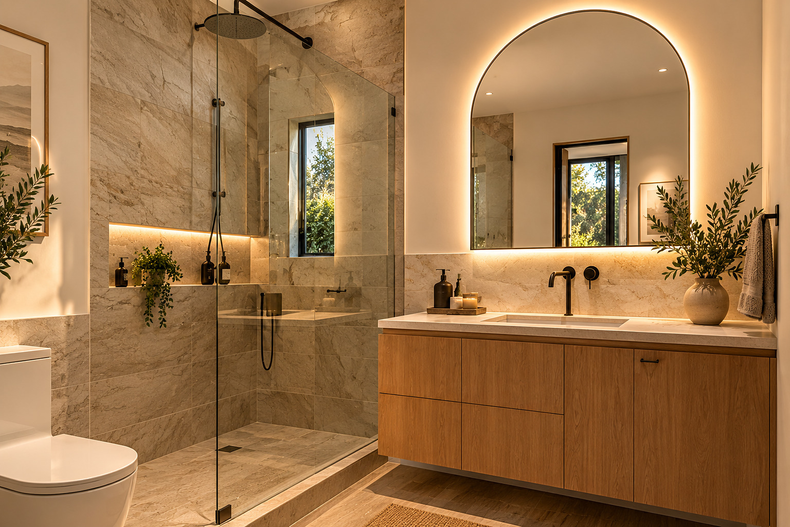 Primary bathroom with stone walls, glass shower, floating oak vanity and arched mirror